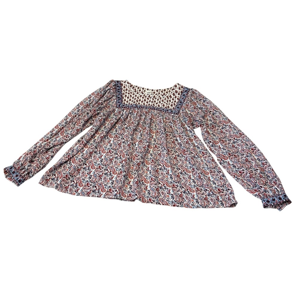 Gap Womens Small Paisley Floral Square Neck Long Sleeve Blouse Red Blue White